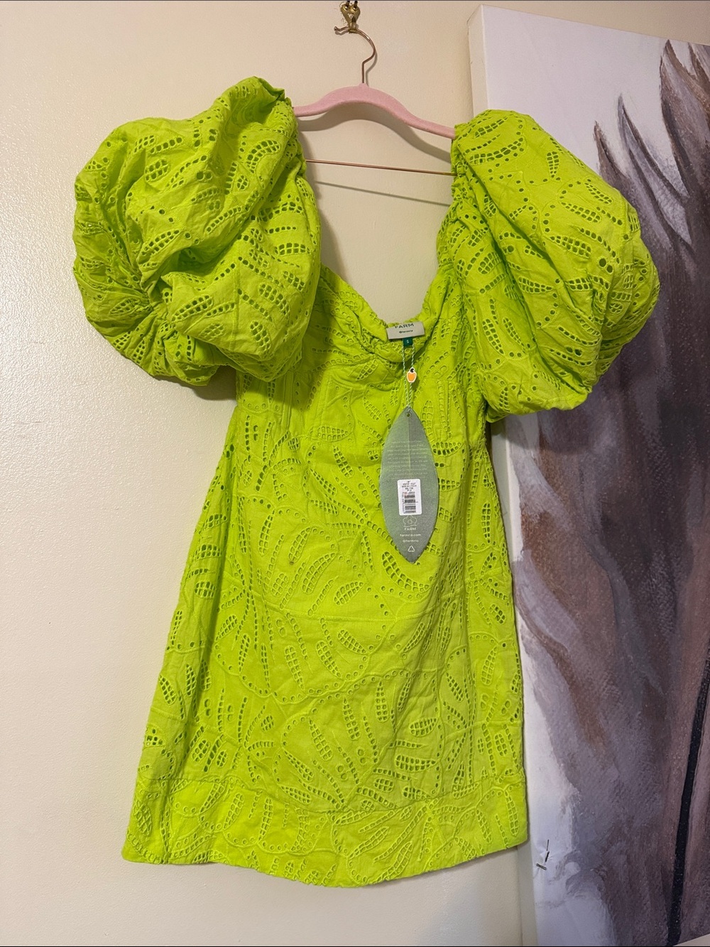FARM Rio Neon Lime Eyelet Puff-Sleeve Mini Dress